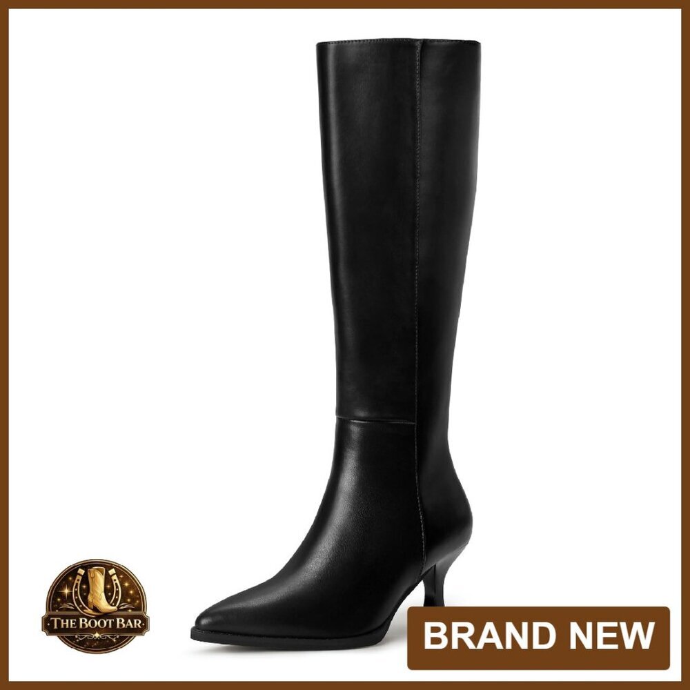 Knee High Boots Pointed Toe Kitten Heel Side Zipper Dress Boots - Picture 1 of 8